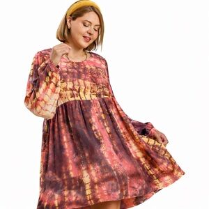 Umgee Shibori Coral Knee Length Long Sleeve Dress, Size 1XL NWT